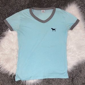 EUC PINK Victoria’s Secret Ringer tee light blue with gray trim.
